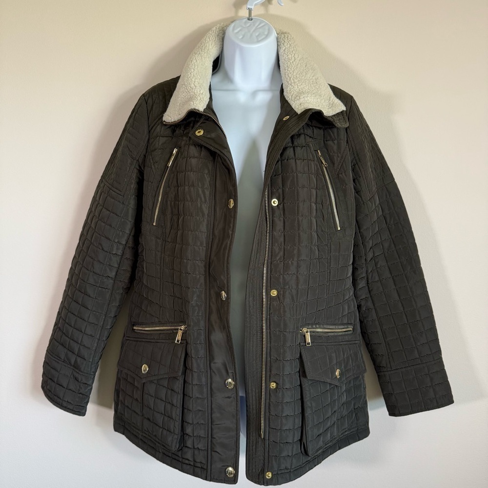 NWT Michael Kors Women’s Quilted Anorak Coat Dark Green Moss Gold Hardware M - Picture 2 of 14